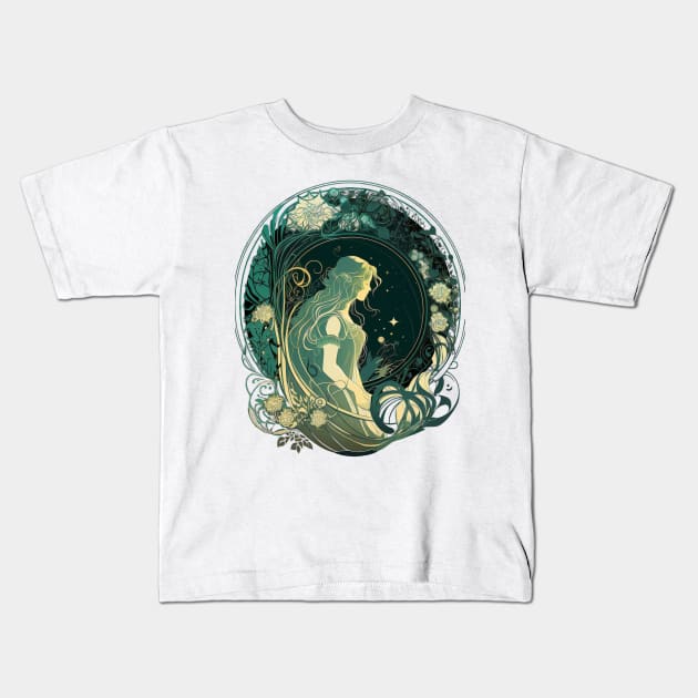 Girl In A Night Sky Green Floral Art Nouveau Alphonse Mucha Circle Graphic Design Kids T-Shirt by entwithanaxe